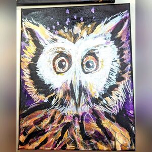 Wendy Gell Art Magical Owl ,wild brush strokes, metallic markers,Gold.